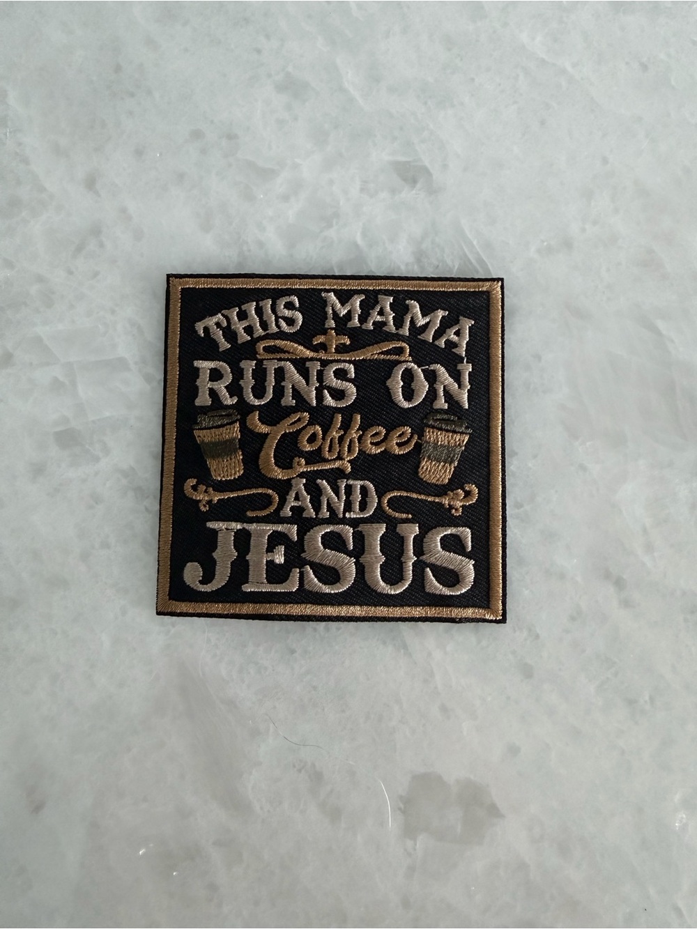 Mama Runs on Coffee and Jesus Embroidered Patch - Black & Gold